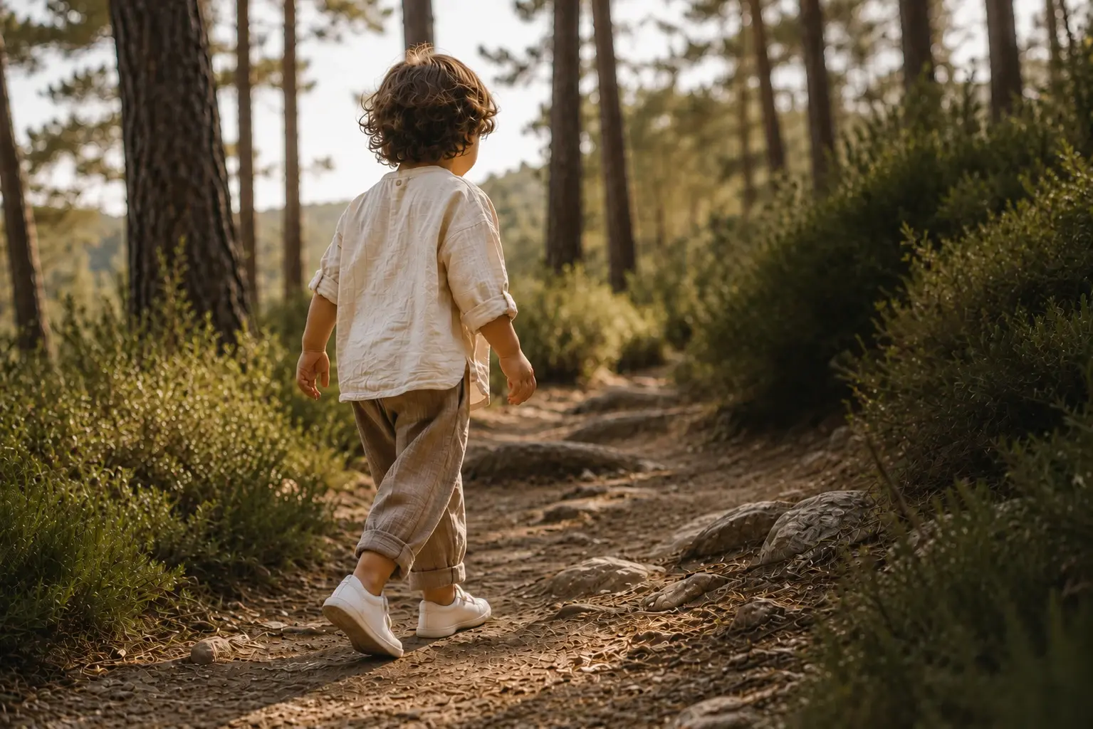 Niño caminando por un sendero del bosque, respetando su crecimiento desde sus primeros pasos