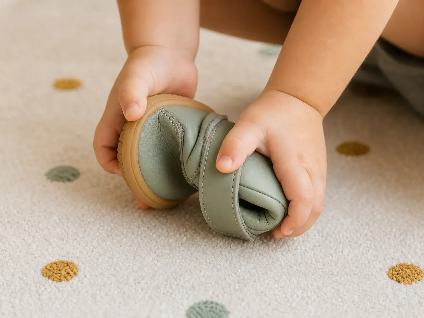 Manos de un niño doblando un zapato barefoot flexible