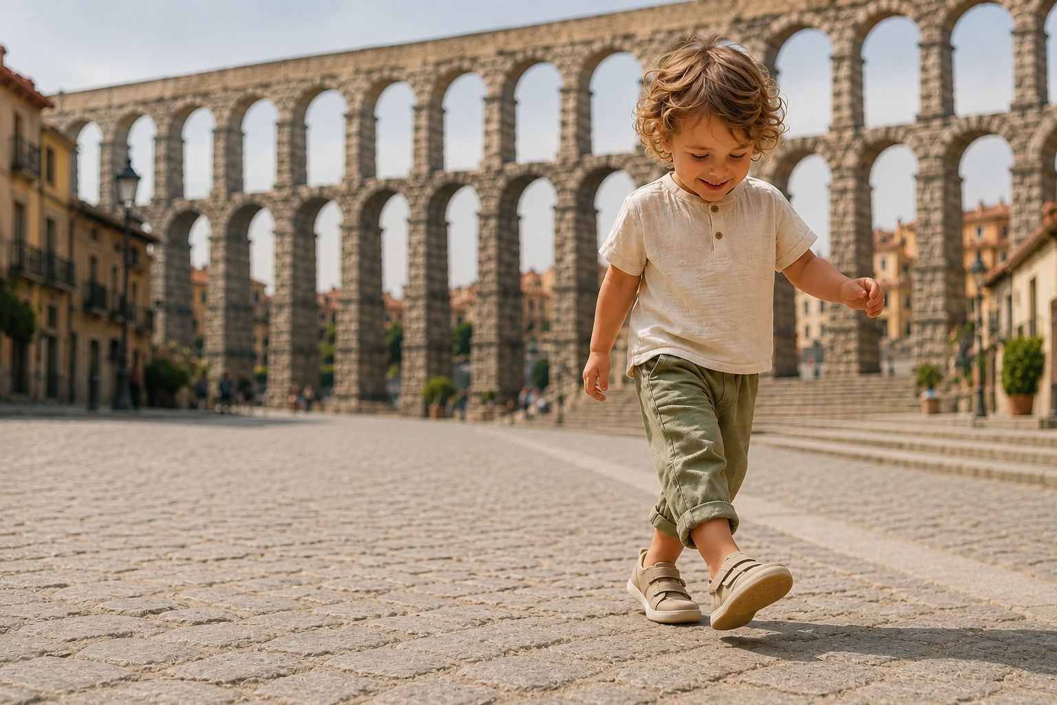 Niño caminando con calzado flexible junto al acueducto de Segovia